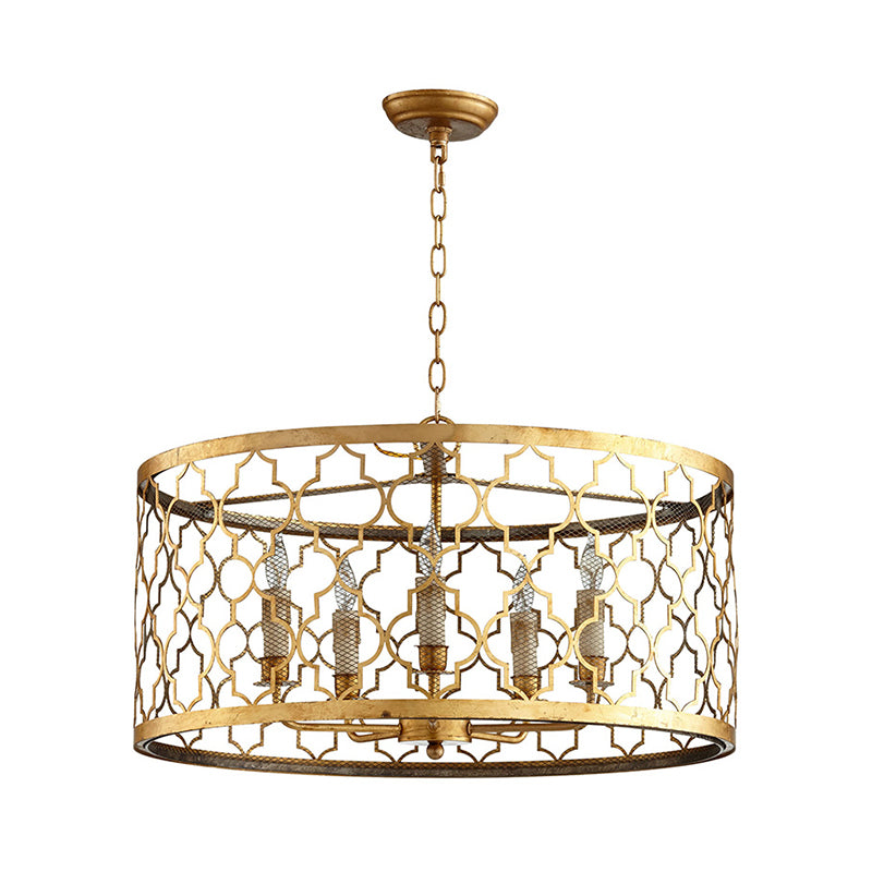 5 Lights Ceiling Suspension Lamp Country Drum Metal Chandelier Lighting in Gold with Living Room Clearhalo 'Ceiling Lights' 'Chandeliers' Lighting' options 260999