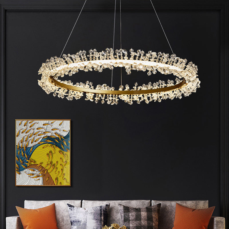 K9 Crystal Gold Chandelier LED Minimalist Round Suspension Pendant Light for Bedroom Clearhalo 'Ceiling Lights' 'Pendant Lights' 'Pendants' Lighting' 2609999