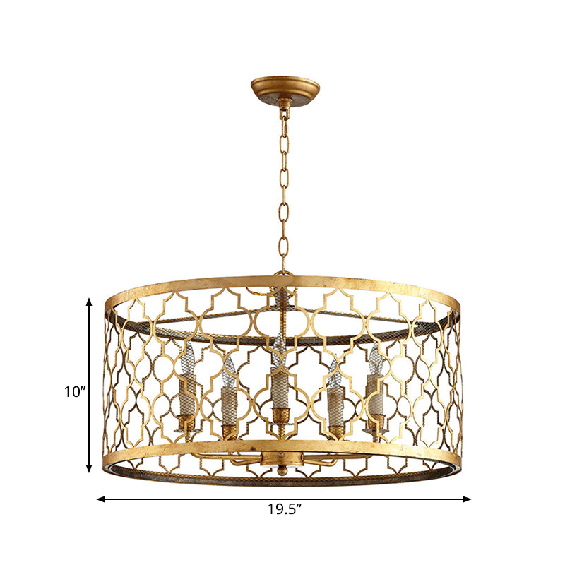 5 Lights Ceiling Suspension Lamp Country Drum Metal Chandelier Lighting in Gold with Living Room Clearhalo 'Ceiling Lights' 'Chandeliers' Lighting' options 261000