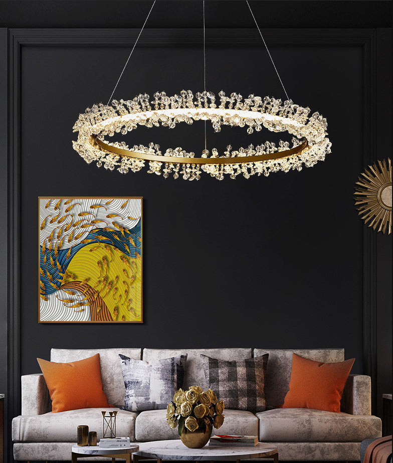 K9 Crystal Gold Chandelier LED Minimalist Round Suspension Pendant Light for Bedroom Clearhalo 'Ceiling Lights' 'Pendant Lights' 'Pendants' Lighting' 2610007