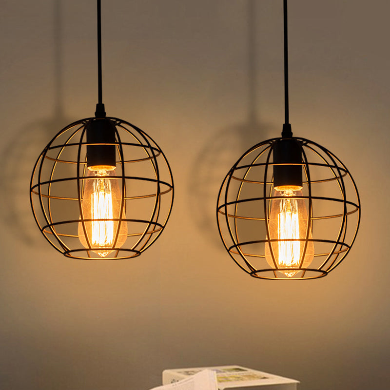 Black Metal 1 Light Pendant Light Indsutrial Retro Spherical Cage Hanging Lamp for Restaurant Clearhalo 'Ceiling Lights' 'Pendant Lights' 'Pendants' Lighting' options 2610009