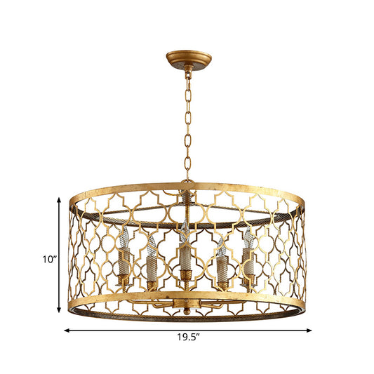 5 Lights Ceiling Suspension Lamp Country Drum Metal Chandelier Lighting in Gold with Living Room Clearhalo 'Ceiling Lights' 'Chandeliers' Lighting' options 261000