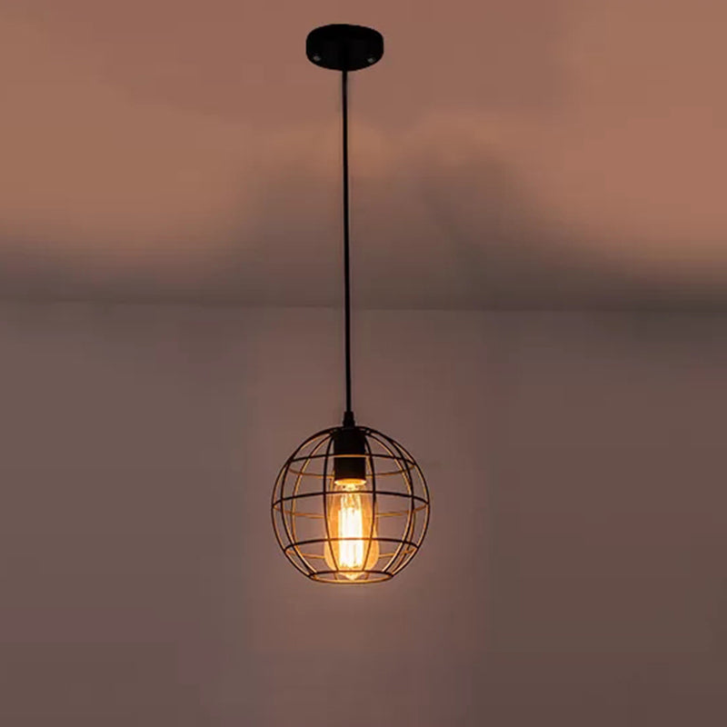 Black Metal 1 Light Pendant Light Indsutrial Retro Spherical Cage Hanging Lamp for Restaurant Clearhalo 'Ceiling Lights' 'Pendant Lights' 'Pendants' Lighting' options 2610019