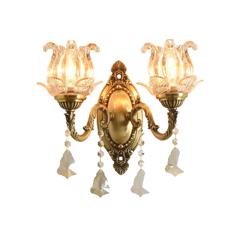 Clear Glass Flower Wall Mounted Light Modern 1/2 Heads Brass Sconce Light with Crystal Drop Clearhalo 'Modern wall lights' 'Modern' 'Wall Lamps & Sconces' 'Wall Lights' Lighting' 261004