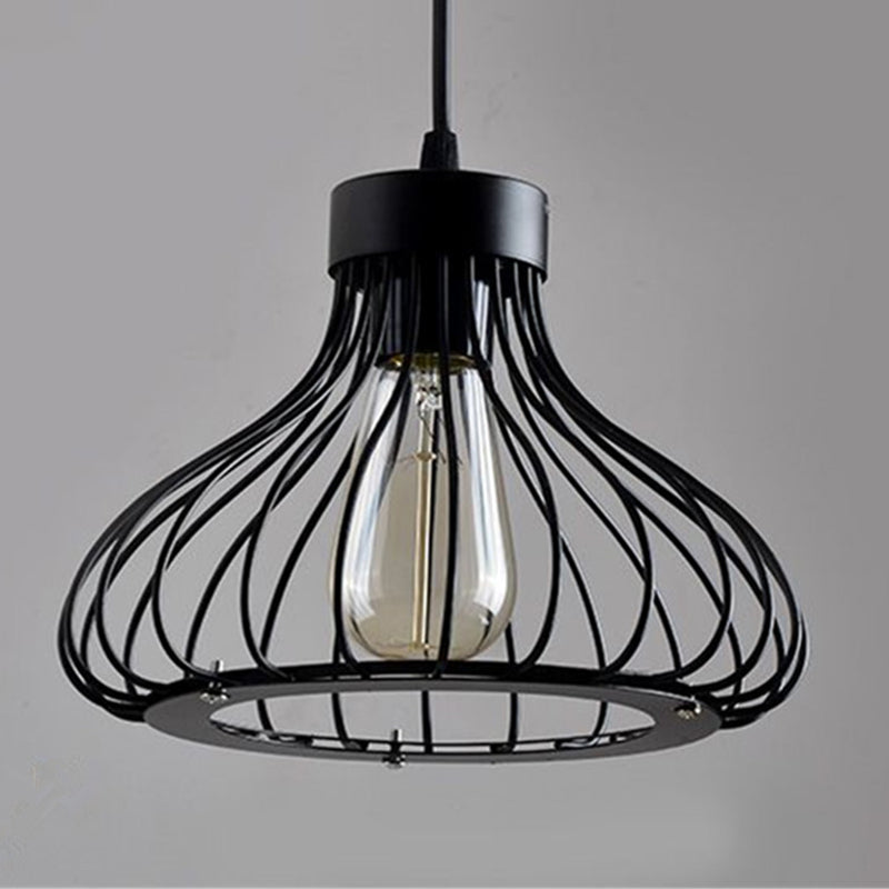 Black Metal 1 Light Pendant Light Indsutrial Retro Teardrop Cage Hanging Lamp for Restaurant Clearhalo 'Ceiling Lights' 'Pendant Lights' 'Pendants' Lighting' 2610046