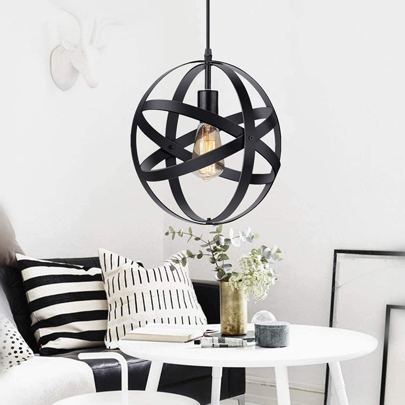 Retro Industrial Single Globe Cage Pendant Light Iron 1 Light Suspension Light for Dining Table Black Clearhalo 'Ceiling Lights' 'Pendant Lights' 'Pendants' Lighting' 2610054