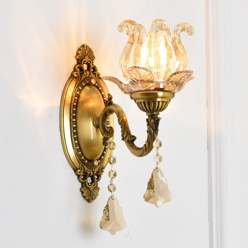 Clear Glass Flower Wall Mounted Light Modern 1/2 Heads Brass Sconce Light with Crystal Drop 1.0 Brass Clearhalo 'Modern wall lights' 'Modern' 'Wall Lamps & Sconces' 'Wall Lights' Lighting' 261006