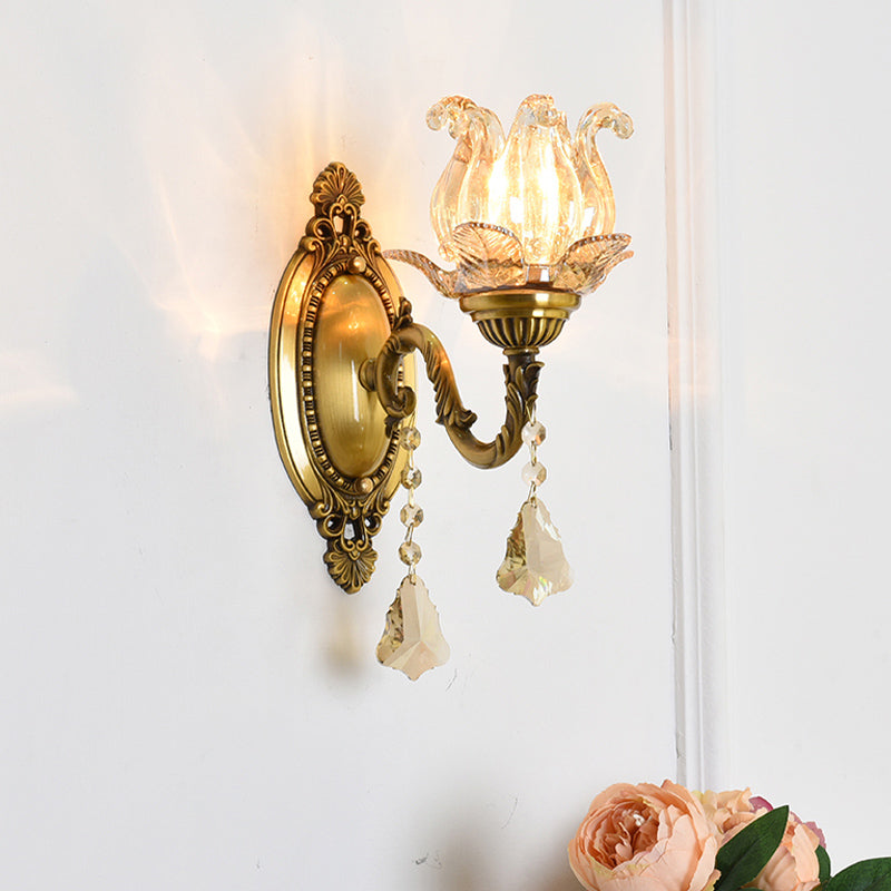 Clear Glass Flower Wall Mounted Light Modern 1/2 Heads Brass Sconce Light with Crystal Drop Clearhalo 'Modern wall lights' 'Modern' 'Wall Lamps & Sconces' 'Wall Lights' Lighting' 261007