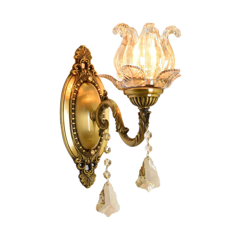 Clear Glass Flower Wall Mounted Light Modern 1/2 Heads Brass Sconce Light with Crystal Drop Clearhalo 'Modern wall lights' 'Modern' 'Wall Lamps & Sconces' 'Wall Lights' Lighting' 261009