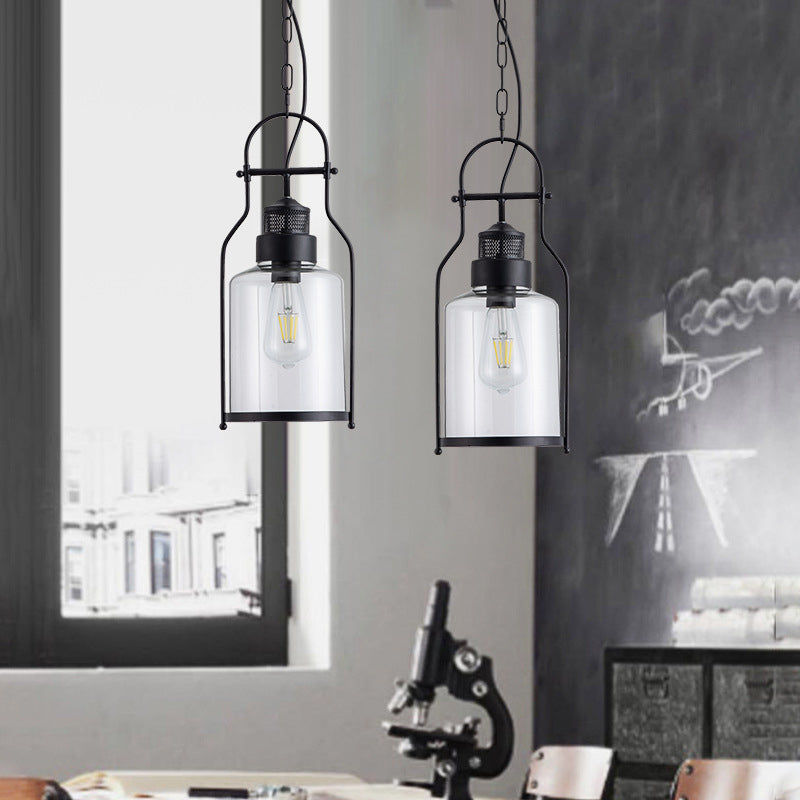 Black 1 Light Pendant Light Industrial Cylinder Glass Shade Hanging Lamp with Metal Joint Clearhalo 'Ceiling Lights' 'Pendant Lights' 'Pendants' Lighting' 2610110