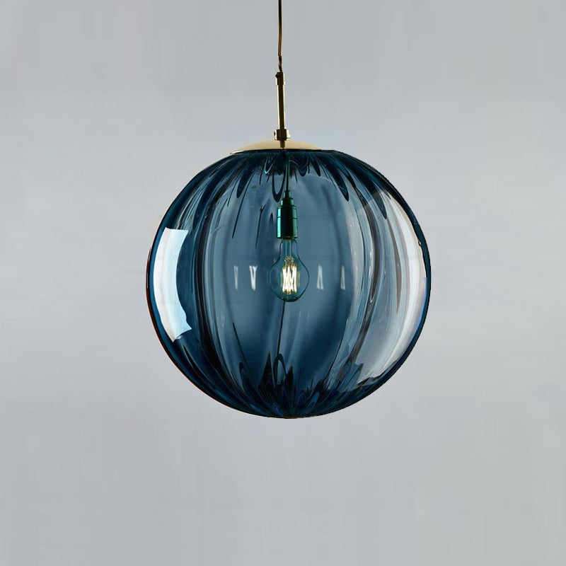 1 Light Spherical Pendant Light Modern Simple Designer Ribbed Bedroom Hanging Lamp Blue Clearhalo 'Ceiling Lights' 'Pendant Lights' 'Pendants' Lighting' 2610160