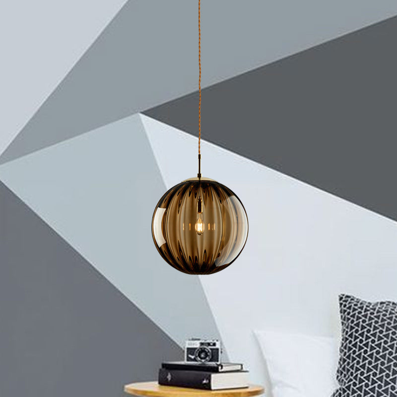 1 Light Spherical Pendant Light Modern Simple Designer Ribbed Bedroom Hanging Lamp Amber Clearhalo 'Ceiling Lights' 'Pendant Lights' 'Pendants' Lighting' 2610165