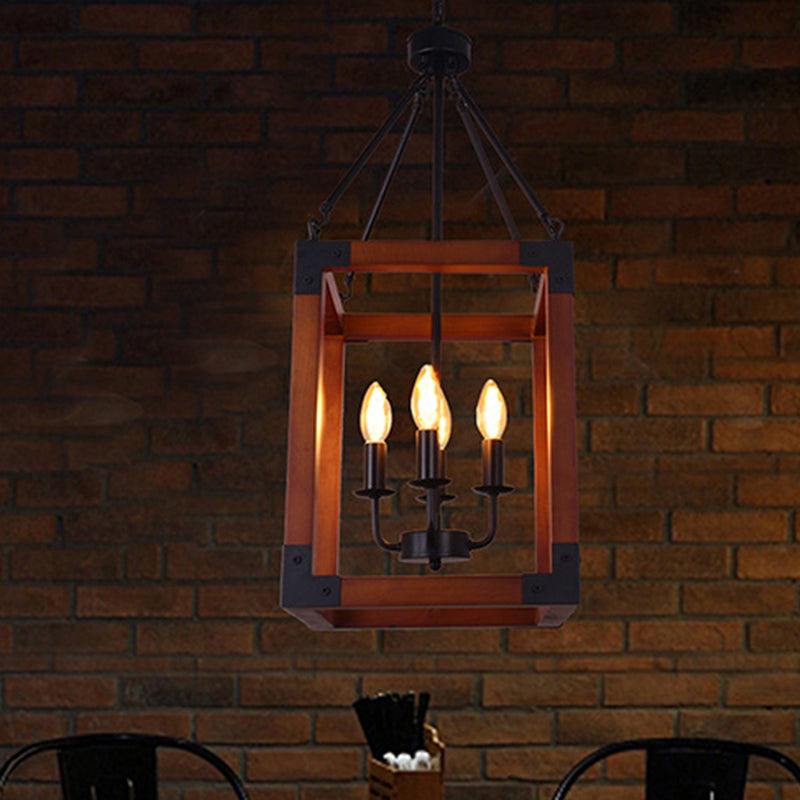 Metal Square Frame Pendant Lighting Fixture Traditional 4 Lights Restaurant Ceiling Chandelier in Dark Wood Clearhalo 'Ceiling Lights' 'Chandeliers' Lighting' options 261032