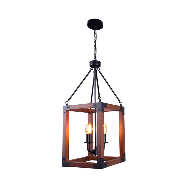 Metal Square Frame Pendant Lighting Fixture Traditional 4 Lights Restaurant Ceiling Chandelier in Dark Wood Clearhalo 'Ceiling Lights' 'Chandeliers' Lighting' options 261035