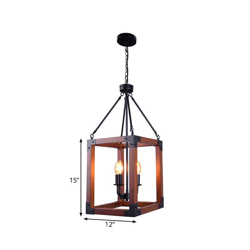 Metal Square Frame Pendant Lighting Fixture Traditional 4 Lights Restaurant Ceiling Chandelier in Dark Wood Clearhalo 'Ceiling Lights' 'Chandeliers' Lighting' options 261036