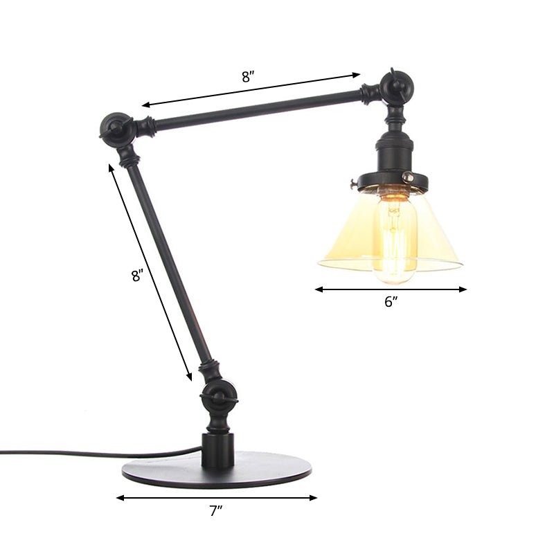 Industrial Style Conic Table Light Amber/Clear Glass and Metal 1 Light Bedroom Table Lamp with Adjustable Arm in Black/Brass Clearhalo 'Lamps' 'Table Lamps' Lighting' 261053