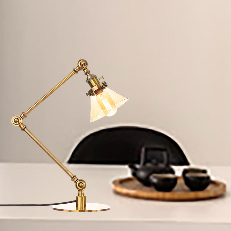 Industrial Style Conic Table Light Amber/Clear Glass and Metal 1 Light Bedroom Table Lamp with Adjustable Arm in Black/Brass Clearhalo 'Lamps' 'Table Lamps' Lighting' 261055