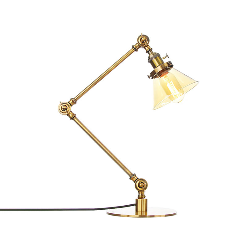 Industrial Style Conic Table Light Amber/Clear Glass and Metal 1 Light Bedroom Table Lamp with Adjustable Arm in Black/Brass Clearhalo 'Lamps' 'Table Lamps' Lighting' 261056