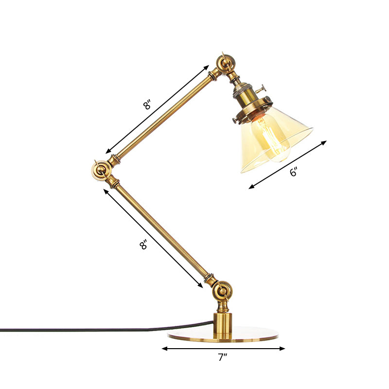 Industrial Style Conic Table Light Amber/Clear Glass and Metal 1 Light Bedroom Table Lamp with Adjustable Arm in Black/Brass Clearhalo 'Lamps' 'Table Lamps' Lighting' 261057