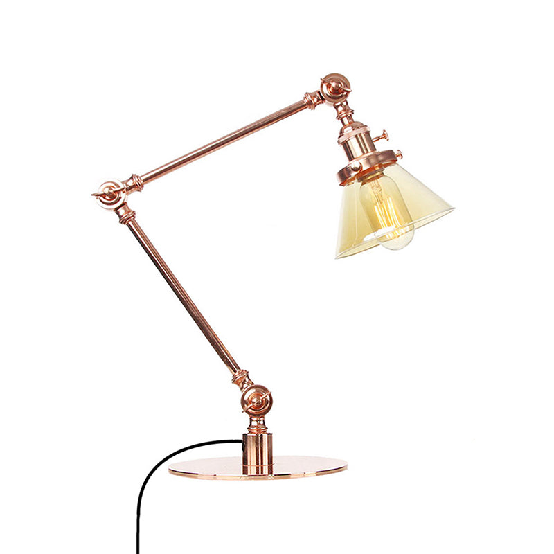 Industrial Style Conic Table Light Amber/Clear Glass and Metal 1 Light Bedroom Table Lamp with Adjustable Arm in Black/Brass Clearhalo 'Lamps' 'Table Lamps' Lighting' 261061