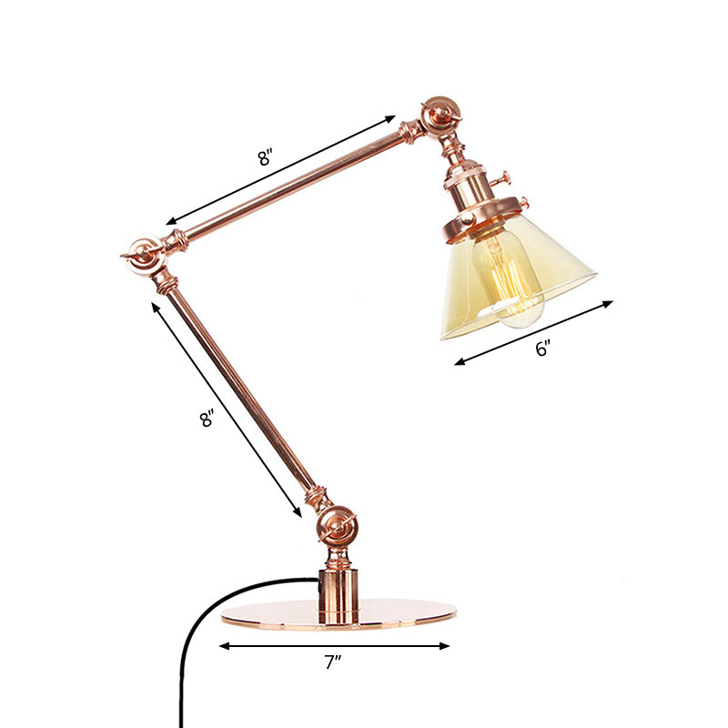 Industrial Style Conic Table Light Amber/Clear Glass and Metal 1 Light Bedroom Table Lamp with Adjustable Arm in Black/Brass Clearhalo 'Lamps' 'Table Lamps' Lighting' 261062