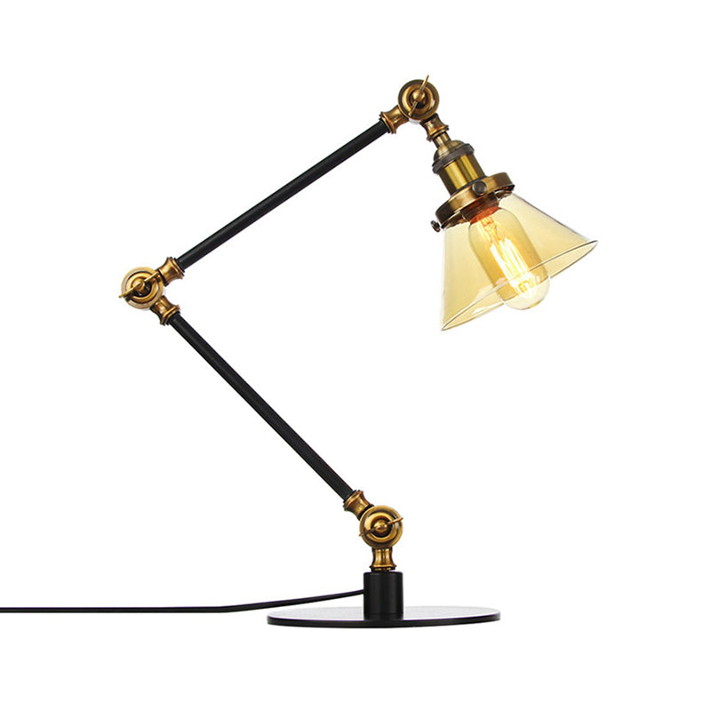 Industrial Style Conic Table Light Amber/Clear Glass and Metal 1 Light Bedroom Table Lamp with Adjustable Arm in Black/Brass Clearhalo 'Lamps' 'Table Lamps' Lighting' 261065