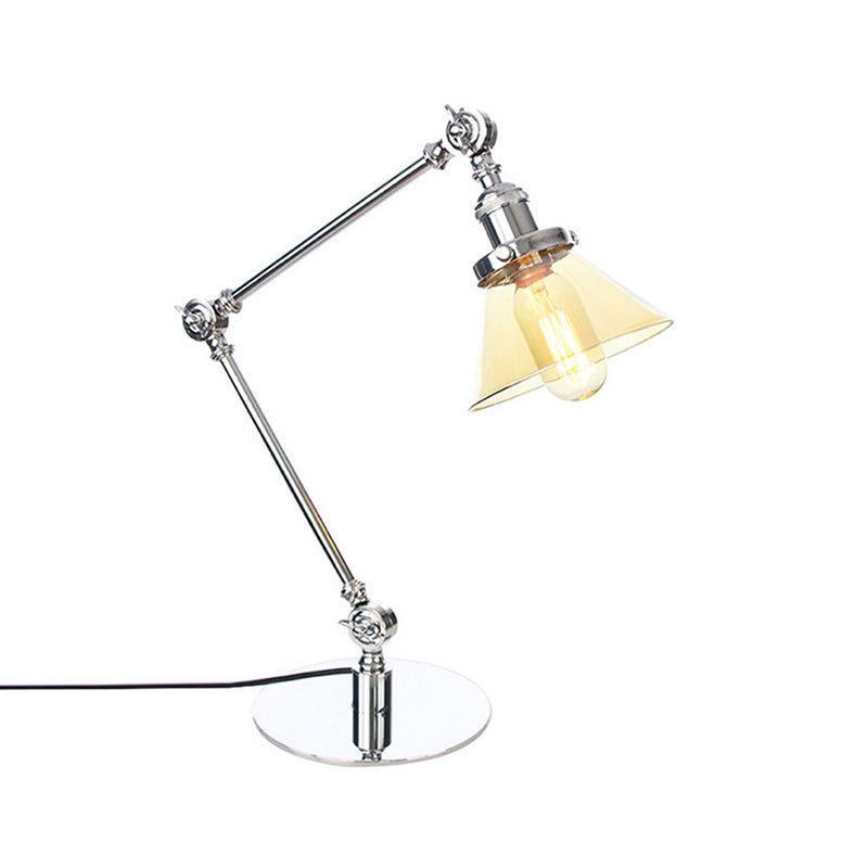 Industrial Style Conic Table Light Amber/Clear Glass and Metal 1 Light Bedroom Table Lamp with Adjustable Arm in Black/Brass Clearhalo 'Lamps' 'Table Lamps' Lighting' 261069