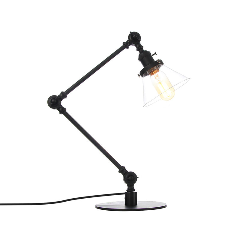 Industrial Style Conic Table Light Amber/Clear Glass and Metal 1 Light Bedroom Table Lamp with Adjustable Arm in Black/Brass Clearhalo 'Lamps' 'Table Lamps' Lighting' 261073