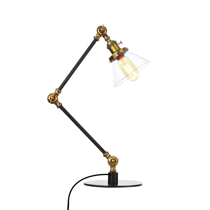 Industrial Style Conic Table Light Amber/Clear Glass and Metal 1 Light Bedroom Table Lamp with Adjustable Arm in Black/Brass Clearhalo 'Lamps' 'Table Lamps' Lighting' 261077