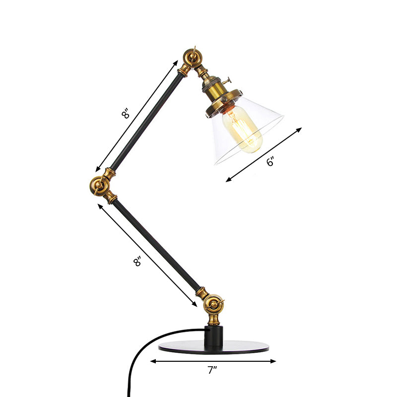 Industrial Style Conic Table Light Amber/Clear Glass and Metal 1 Light Bedroom Table Lamp with Adjustable Arm in Black/Brass Clearhalo 'Lamps' 'Table Lamps' Lighting' 261078