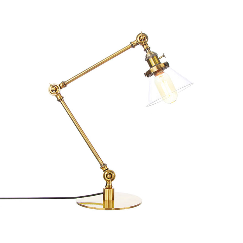 Industrial Style Conic Table Light Amber/Clear Glass and Metal 1 Light Bedroom Table Lamp with Adjustable Arm in Black/Brass Clearhalo 'Lamps' 'Table Lamps' Lighting' 261081