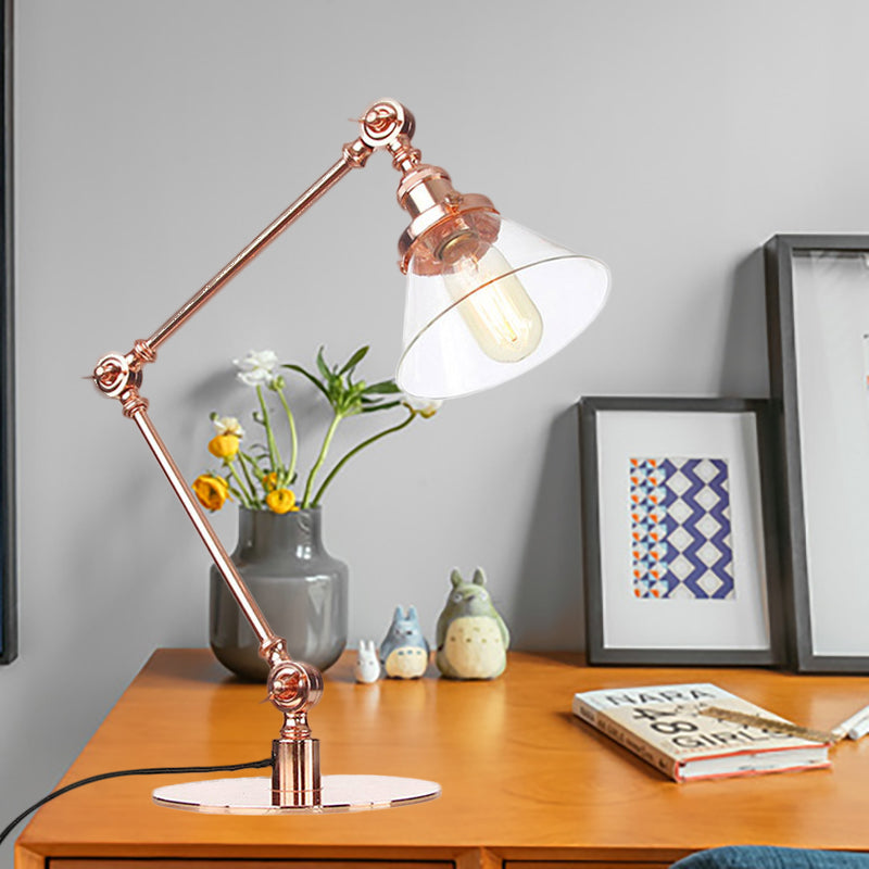 Industrial Style Conic Table Light Amber/Clear Glass and Metal 1 Light Bedroom Table Lamp with Adjustable Arm in Black/Brass Copper Clear A Clearhalo 'Lamps' 'Table Lamps' Lighting' 261083