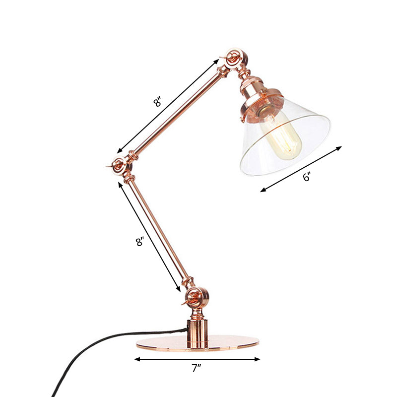 Industrial Style Conic Table Light Amber/Clear Glass and Metal 1 Light Bedroom Table Lamp with Adjustable Arm in Black/Brass Clearhalo 'Lamps' 'Table Lamps' Lighting' 261086