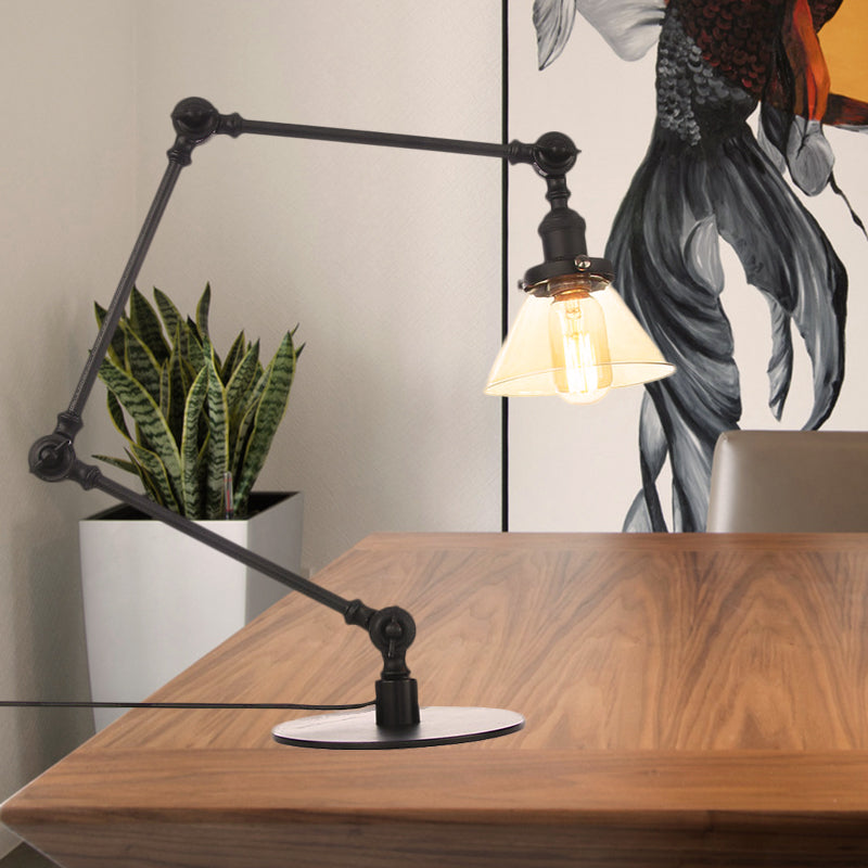 Industrial Style Conic Table Light Amber/Clear Glass and Metal 1 Light Bedroom Table Lamp with Adjustable Arm in Black/Brass Black Amber B Clearhalo 'Lamps' 'Table Lamps' Lighting' 261091