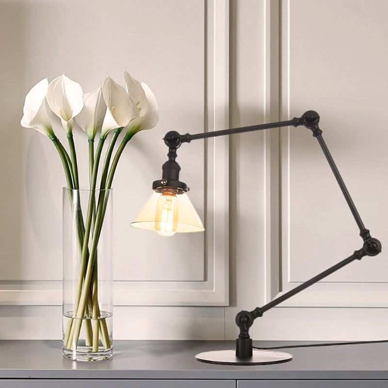 Industrial Style Conic Table Light Amber/Clear Glass and Metal 1 Light Bedroom Table Lamp with Adjustable Arm in Black/Brass Clearhalo 'Lamps' 'Table Lamps' Lighting' 261092