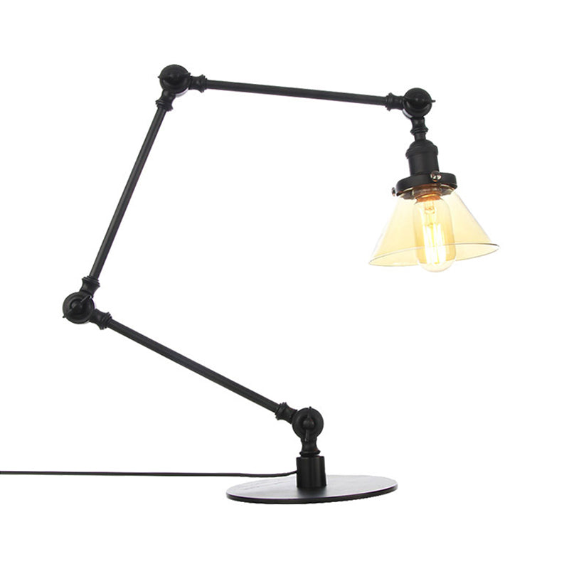 Industrial Style Conic Table Light Amber/Clear Glass and Metal 1 Light Bedroom Table Lamp with Adjustable Arm in Black/Brass Clearhalo 'Lamps' 'Table Lamps' Lighting' 261093