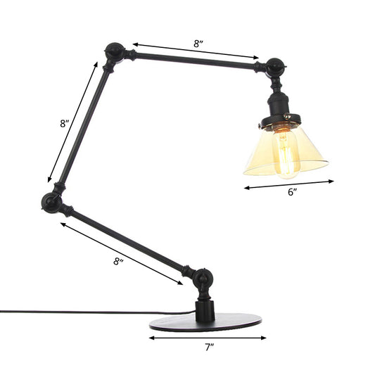 Industrial Style Conic Table Light Amber/Clear Glass and Metal 1 Light Bedroom Table Lamp with Adjustable Arm in Black/Brass Clearhalo 'Lamps' 'Table Lamps' Lighting' 261094