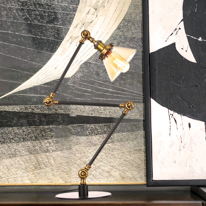 Industrial Style Conic Table Light Amber/Clear Glass and Metal 1 Light Bedroom Table Lamp with Adjustable Arm in Black/Brass Brass Amber B Clearhalo 'Lamps' 'Table Lamps' Lighting' 261095