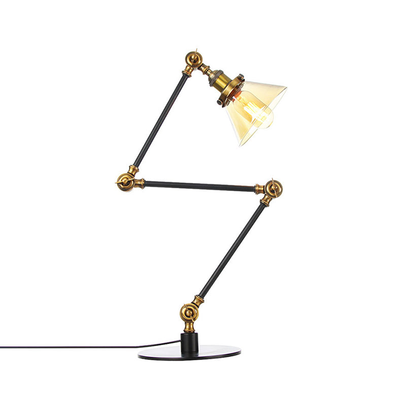 Industrial Style Conic Table Light Amber/Clear Glass and Metal 1 Light Bedroom Table Lamp with Adjustable Arm in Black/Brass Clearhalo 'Lamps' 'Table Lamps' Lighting' 261097