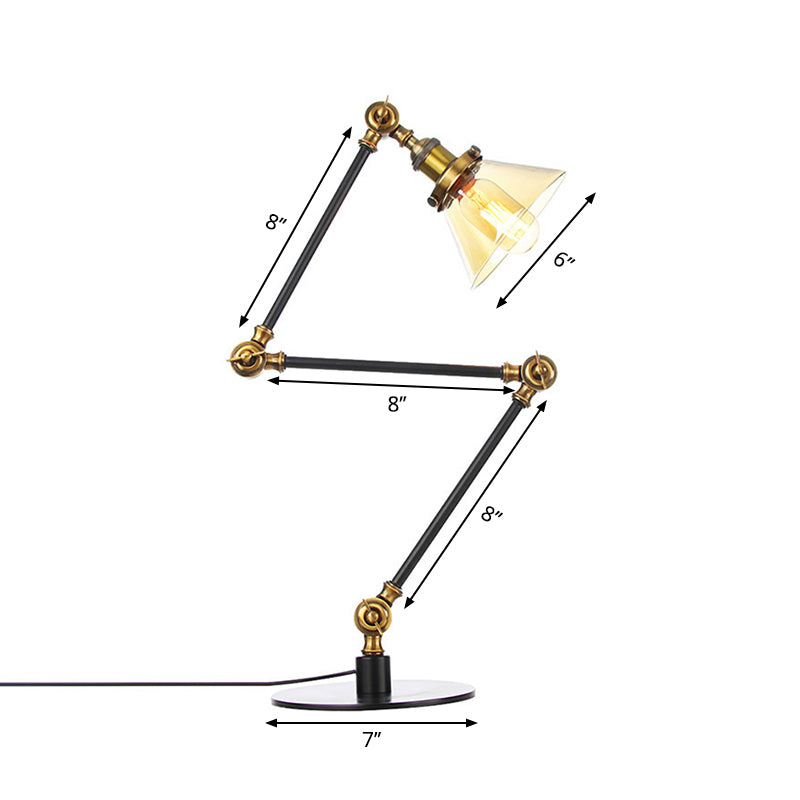 Industrial Style Conic Table Light Amber/Clear Glass and Metal 1 Light Bedroom Table Lamp with Adjustable Arm in Black/Brass Clearhalo 'Lamps' 'Table Lamps' Lighting' 261098