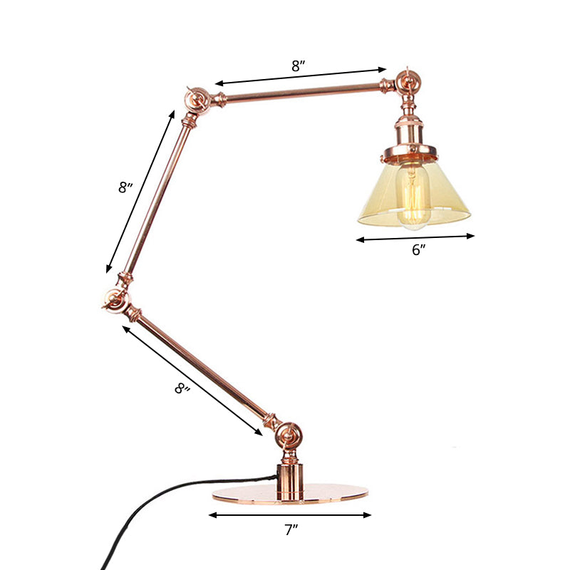 Industrial Style Conic Table Light Amber/Clear Glass and Metal 1 Light Bedroom Table Lamp with Adjustable Arm in Black/Brass Clearhalo 'Lamps' 'Table Lamps' Lighting' 261102