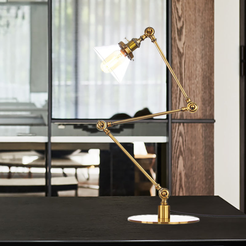 Industrial Style Conic Table Light Amber/Clear Glass and Metal 1 Light Bedroom Table Lamp with Adjustable Arm in Black/Brass Clearhalo 'Lamps' 'Table Lamps' Lighting' 261104