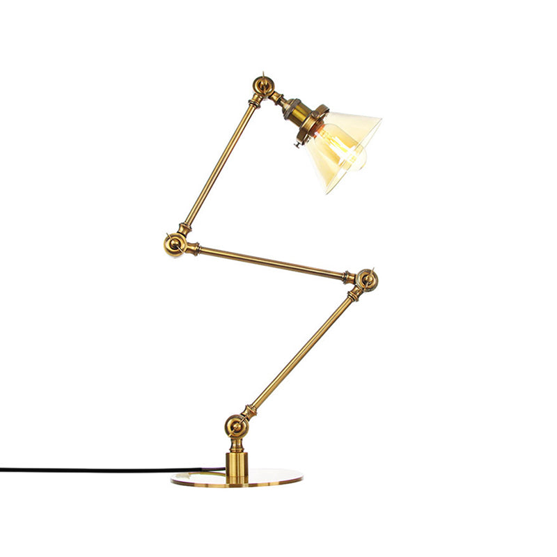 Industrial Style Conic Table Light Amber/Clear Glass and Metal 1 Light Bedroom Table Lamp with Adjustable Arm in Black/Brass Clearhalo 'Lamps' 'Table Lamps' Lighting' 261105