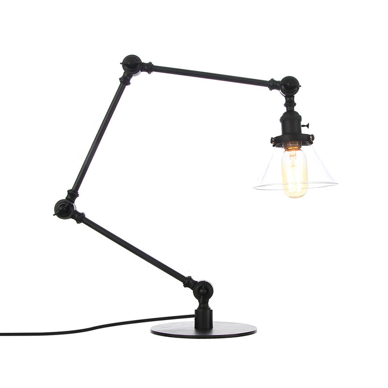 Industrial Style Conic Table Light Amber/Clear Glass and Metal 1 Light Bedroom Table Lamp with Adjustable Arm in Black/Brass Clearhalo 'Lamps' 'Table Lamps' Lighting' 261113