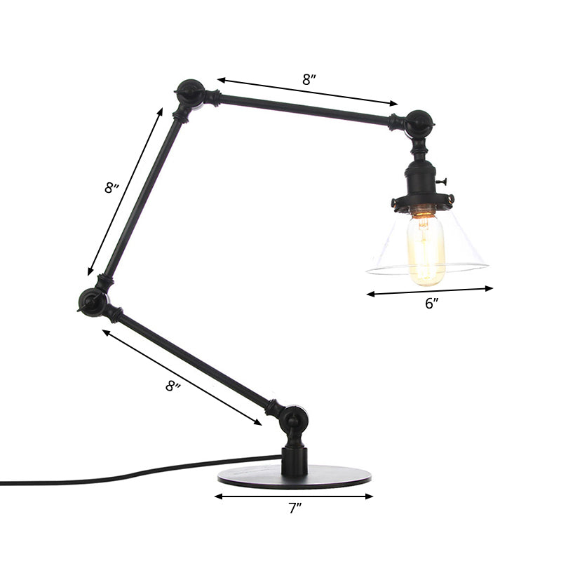 Industrial Style Conic Table Light Amber/Clear Glass and Metal 1 Light Bedroom Table Lamp with Adjustable Arm in Black/Brass Clearhalo 'Lamps' 'Table Lamps' Lighting' 261114