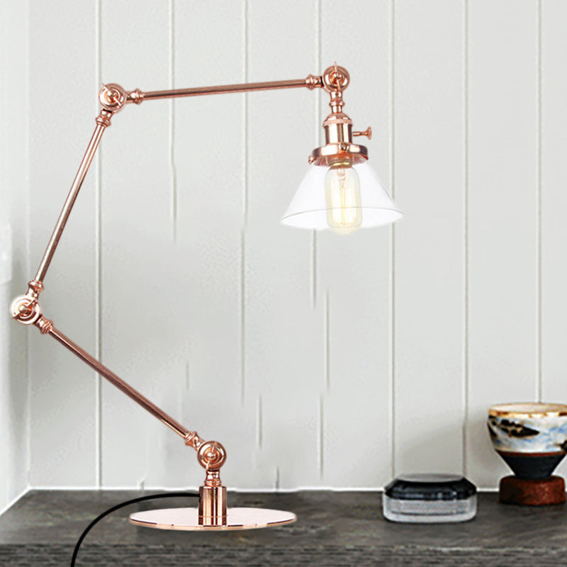 Industrial Style Conic Table Light Amber/Clear Glass and Metal 1 Light Bedroom Table Lamp with Adjustable Arm in Black/Brass Copper Clear B Clearhalo 'Lamps' 'Table Lamps' Lighting' 261119