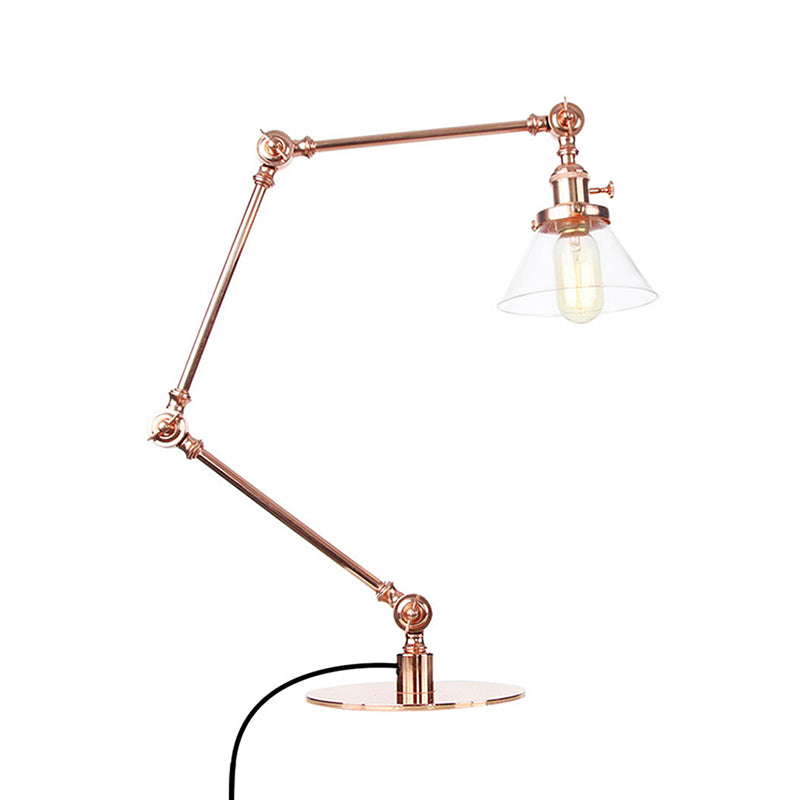 Industrial Style Conic Table Light Amber/Clear Glass and Metal 1 Light Bedroom Table Lamp with Adjustable Arm in Black/Brass Clearhalo 'Lamps' 'Table Lamps' Lighting' 261121