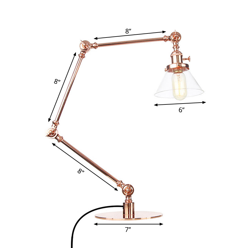 Industrial Style Conic Table Light Amber/Clear Glass and Metal 1 Light Bedroom Table Lamp with Adjustable Arm in Black/Brass Clearhalo 'Lamps' 'Table Lamps' Lighting' 261122