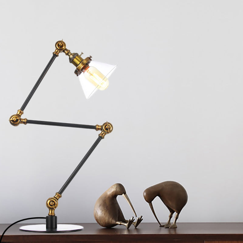 Industrial Style Conic Table Light Amber/Clear Glass and Metal 1 Light Bedroom Table Lamp with Adjustable Arm in Black/Brass Brass Clear B Clearhalo 'Lamps' 'Table Lamps' Lighting' 261123