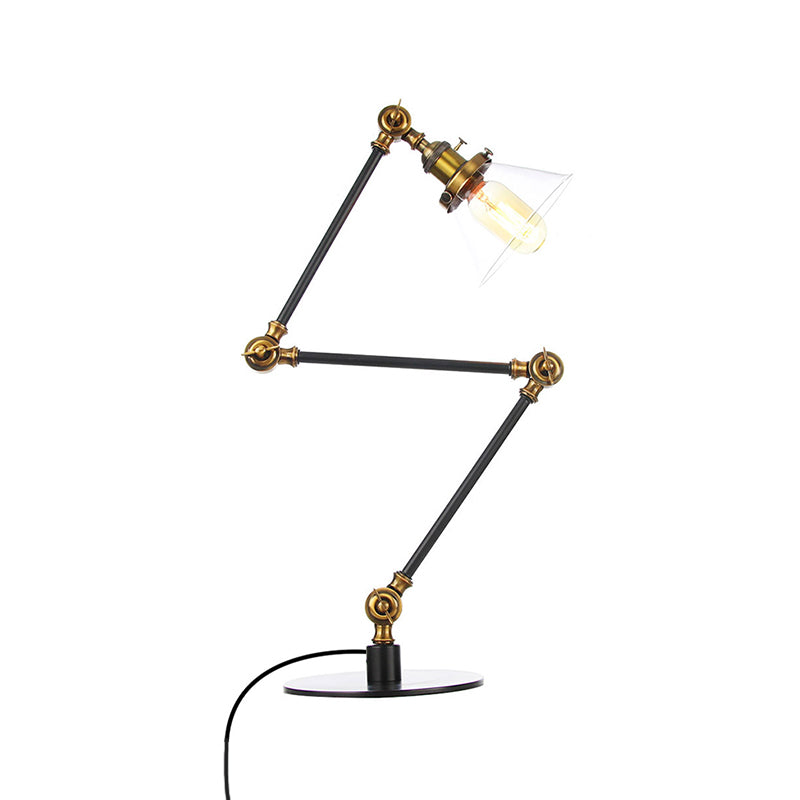 Industrial Style Conic Table Light Amber/Clear Glass and Metal 1 Light Bedroom Table Lamp with Adjustable Arm in Black/Brass Clearhalo 'Lamps' 'Table Lamps' Lighting' 261125